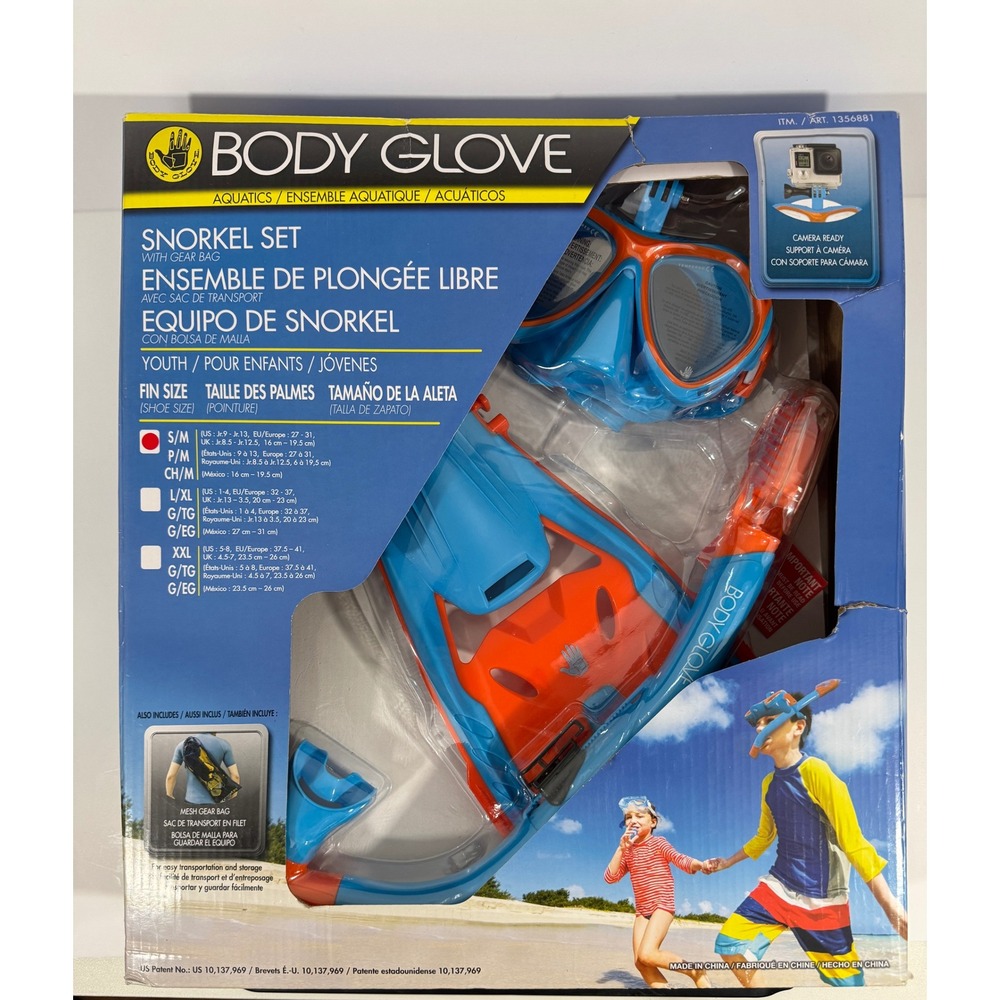 Body Glove Snorkel Set Youth S/M Blue Orange New GoPro Ready Mask Fins Snorkel